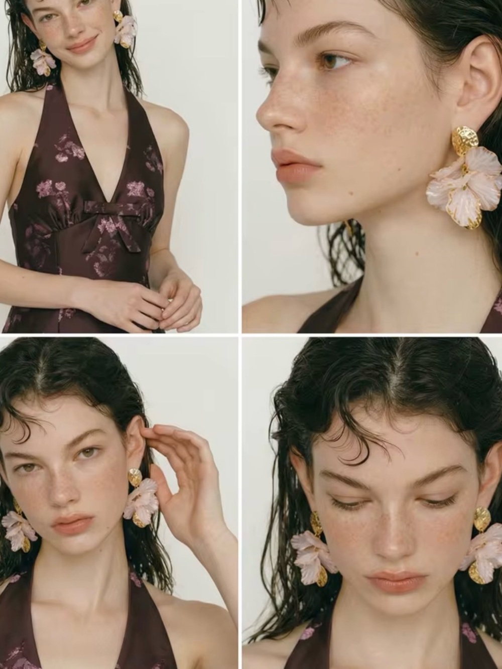 Delicate Pink Floral Drop Earrings with Gold Accents - Picture 3 of 4